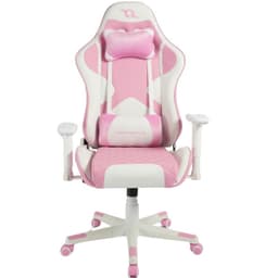 Chaise Gaming PowerGaming NERV rose et blanche, dossier inclinable, accoudoirs réglables, assise rembourrée, base à 5 roulettes bicolores.
