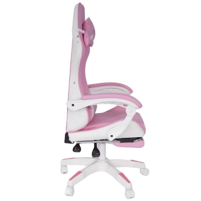 Chaise gaming PowerGaming Sakura Neko rose et blanche, coussin oreiller kawaii, soutien lombaire, accoudoirs rembourrés, repose-pieds extensible, base à