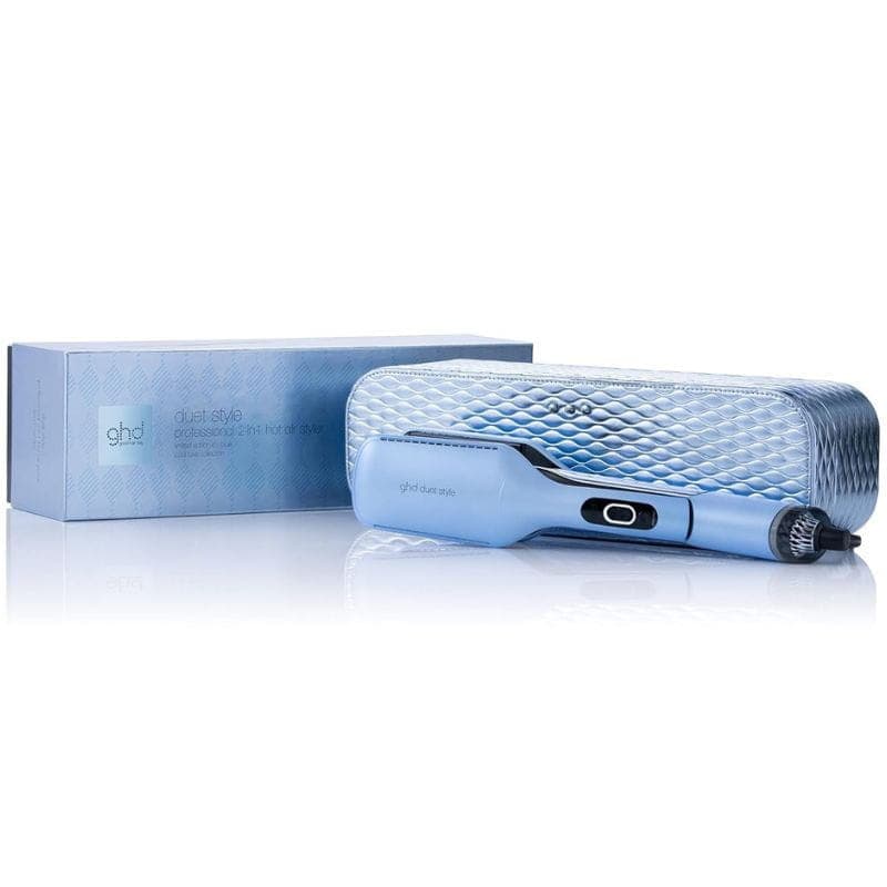 Gift Set Ghd Duet Style Ice Blue com prancha alisadora azul gelo e estojo texturizado combinando, acabamento metálico, design elegante e moderno