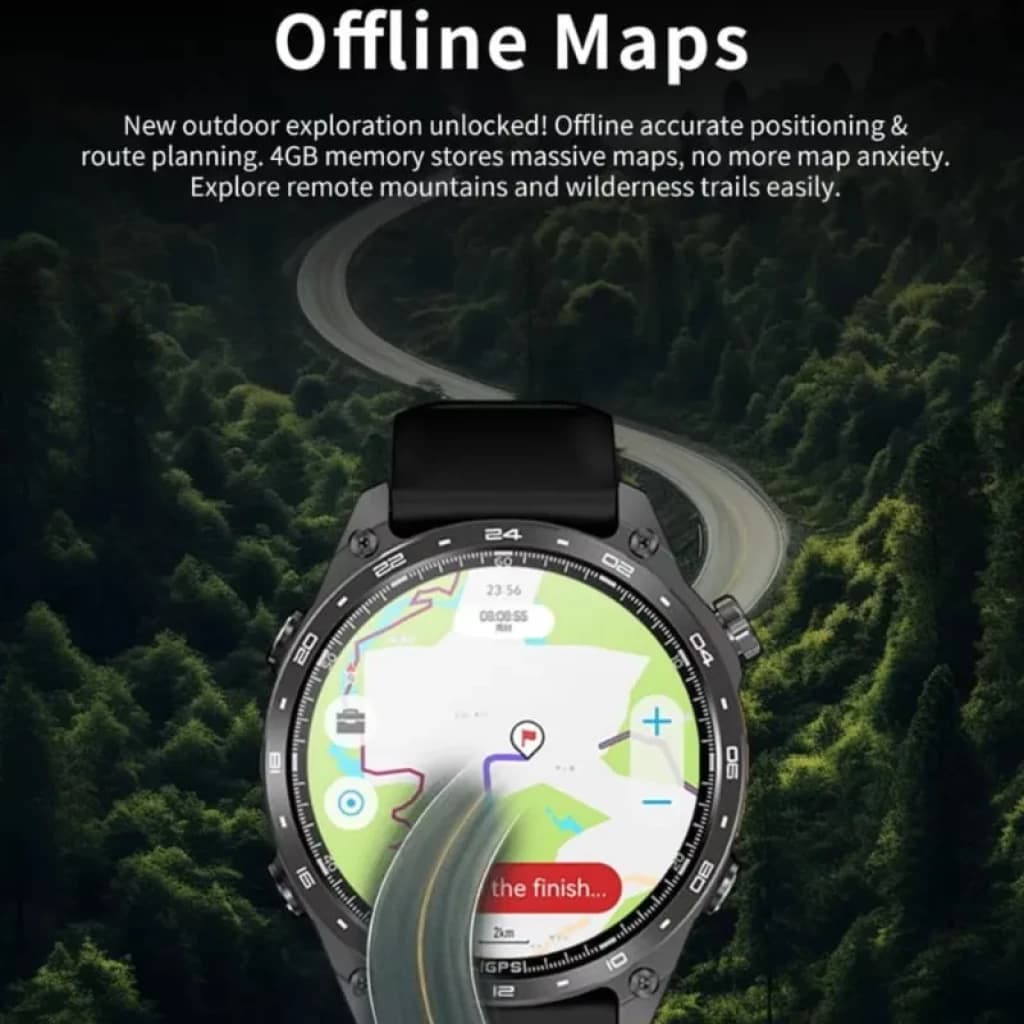 HD300 Pro Negro - Reloj Inteligente con pantalla circular, bisel robusto, correa negra y mapas offline; interfaz de navegación y GPS visibles en pantalla