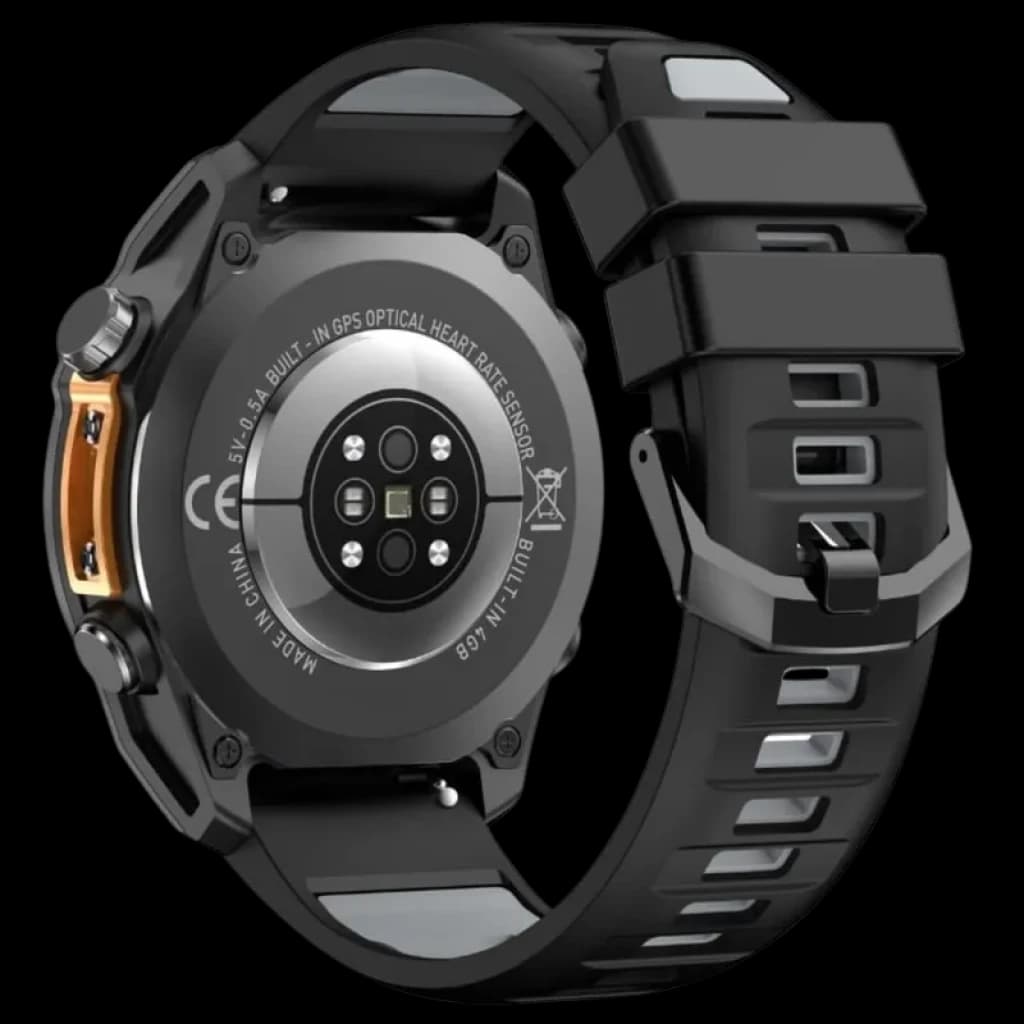HD300 Pro Preto – traseira do relógio inteligente com sensor óptico de batimentos, GPS integrado, caixa robusta e pulseira de silicone ajustável preta