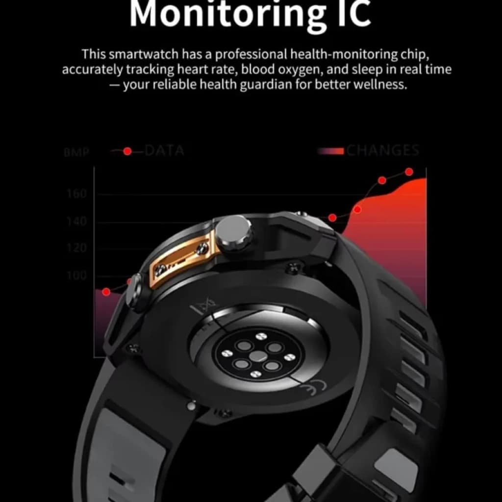 HD300 Pro Preto - Relógio Inteligente com sensor cardíaco óptico, monitor de oxigênio e sono, corpo preto robusto, botões laterais metálicos e pulseira