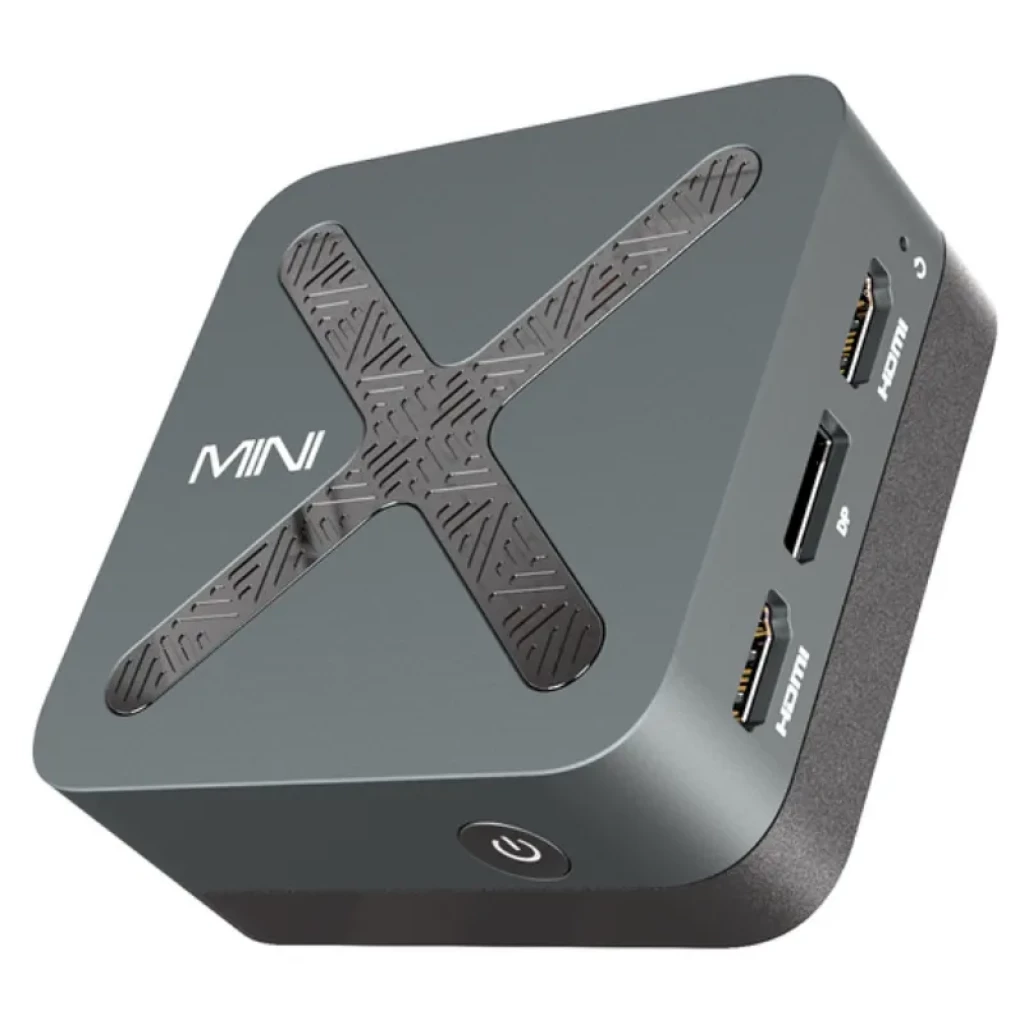 Vista do Minix NEO Z97, onde se pode observar o botão de ligar, as portas HDMI e detalhes do design, nas cores cinzento e preto - Item1