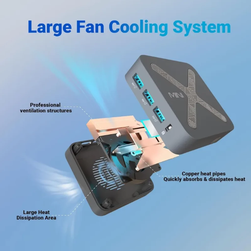 Vista do Minix NEO Z97, onde se pode observar o botão de ligar, as portas HDMI e detalhes do design, nas cores cinzento e preto - Item4