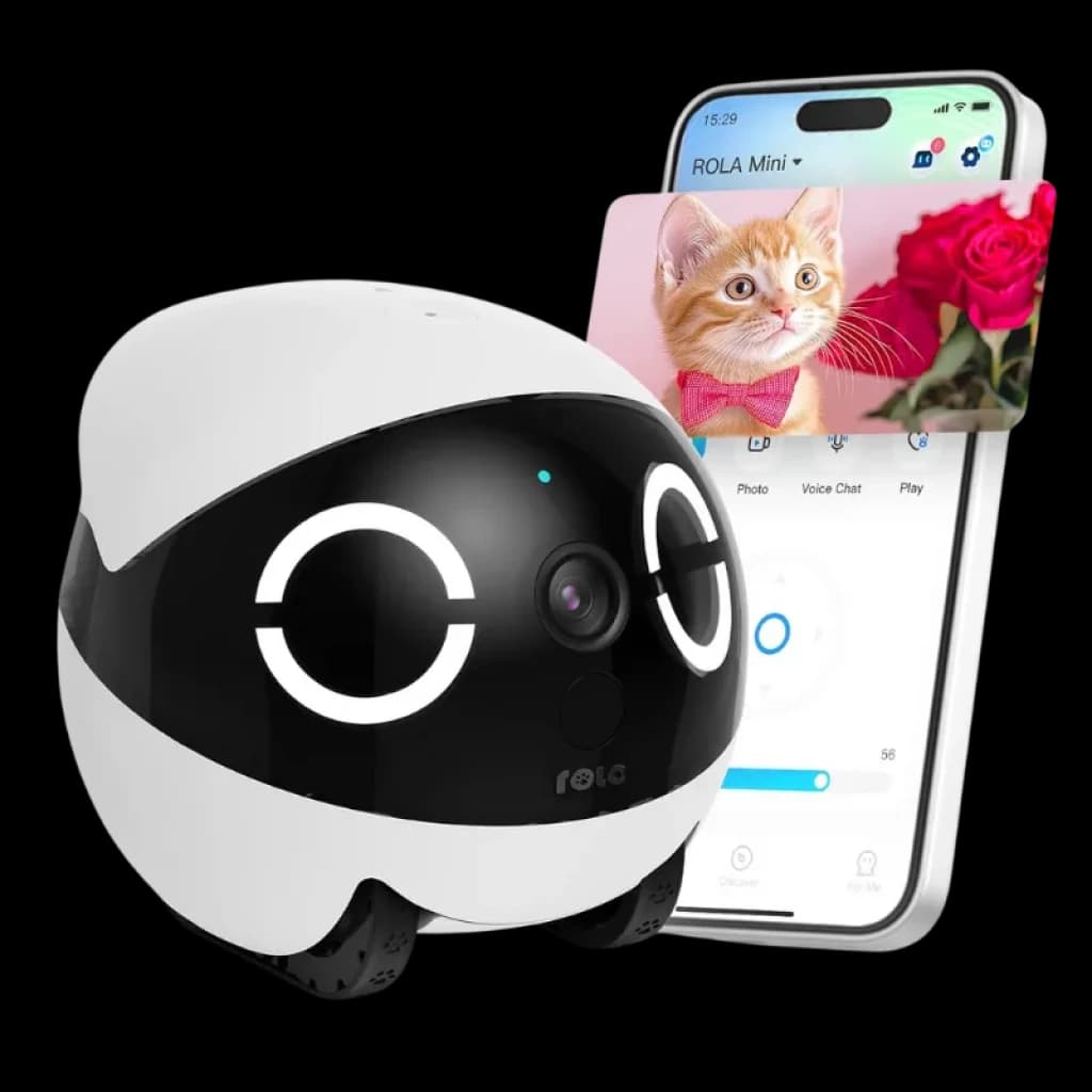 Enabot ROLA Mini 2K: robô compacto com câmara 2K, luzes LED circulares, rodas ocultas e controlo a partir do smartphone; ideal para vigilância doméstica