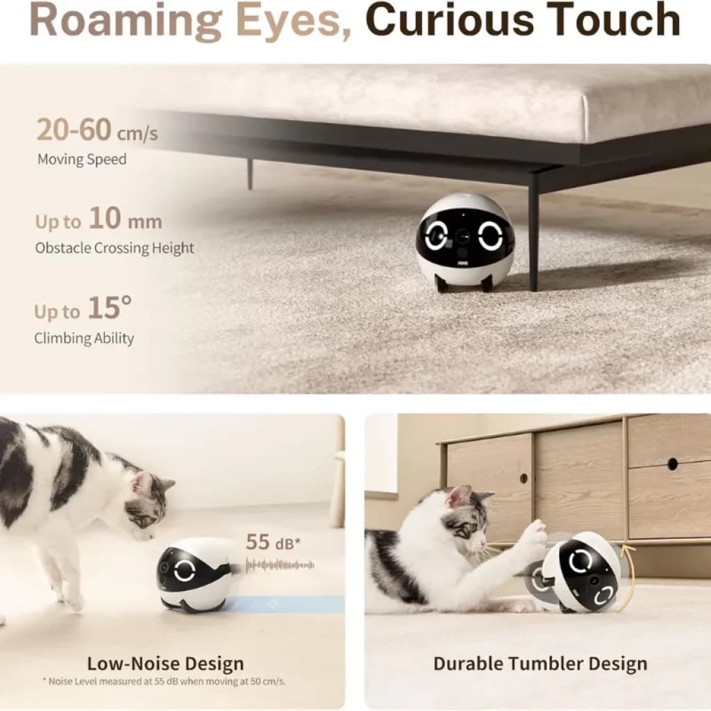 Robô Enabot ROLA Mini 2K preto e branco com olhos LED, design resistente, movimento sob a cama, silencioso 55 dB