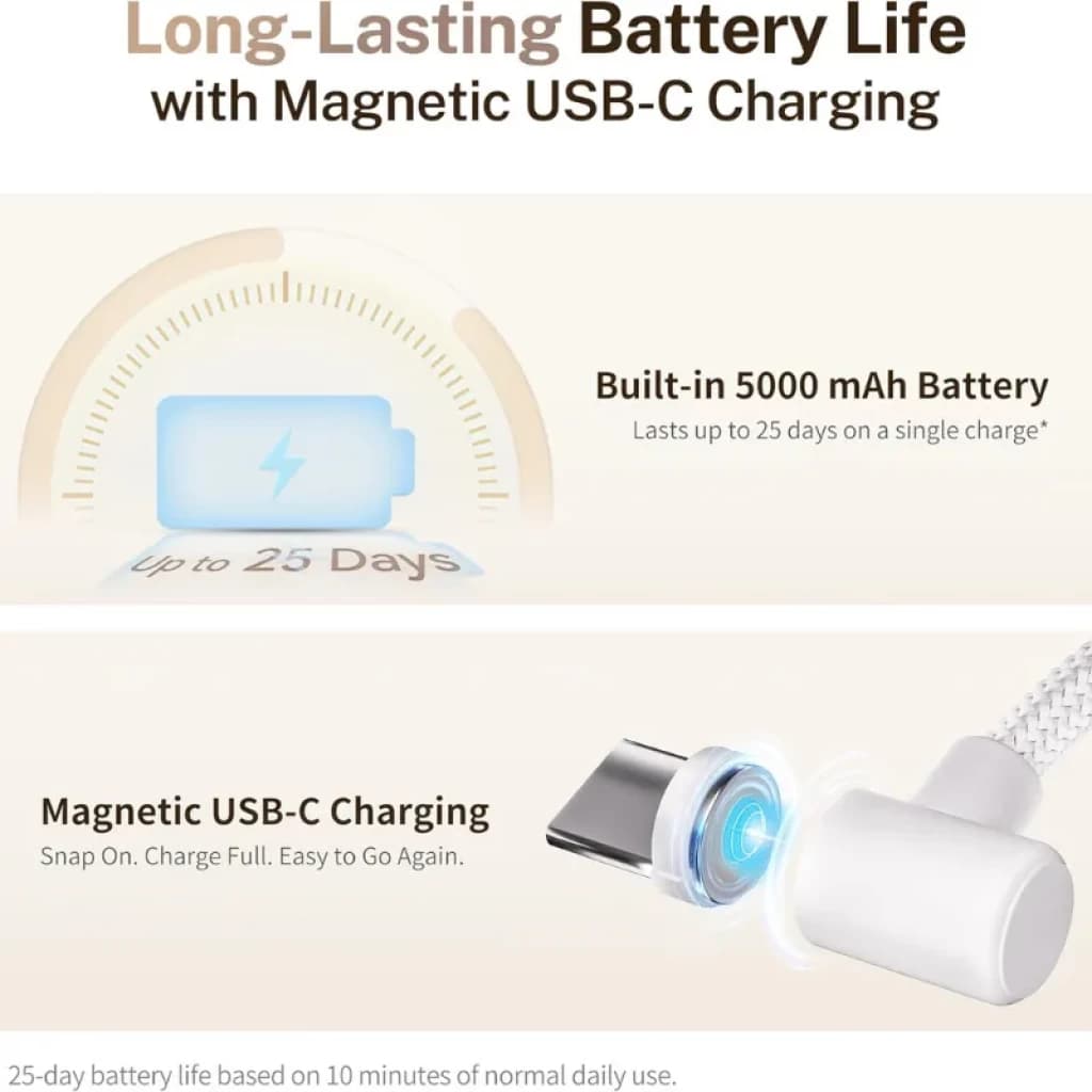 Enabot ROLA Mini 2K com bateria de 5000 mAh, autonomia de até 25 dias e carregamento USB-C magnético; conector magnético e cabo trançado para carregamento rápido