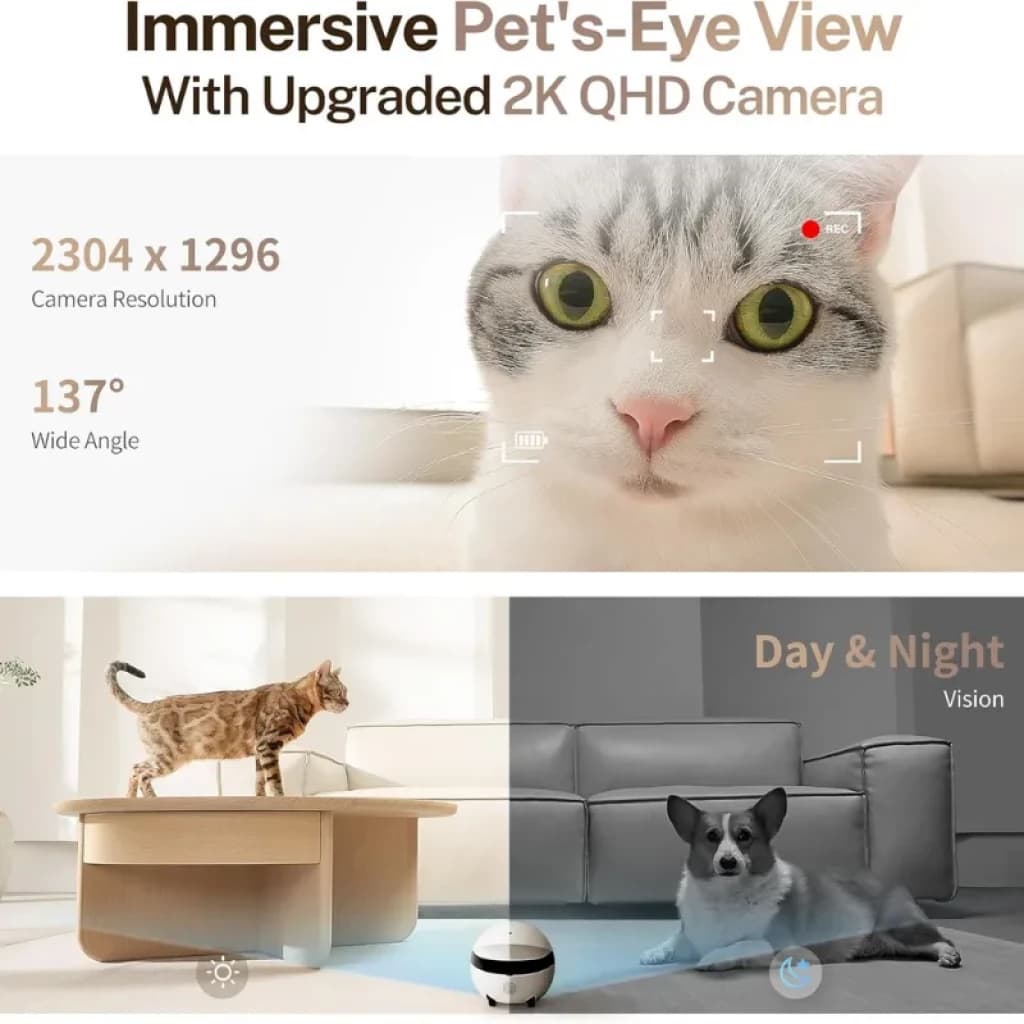 Câmara 2K QHD para animais de estimação com ângulo amplo de 137°, visão diurna e noturna e rastreamento em movimento; ideal para vigiar a casa e os animais de estimação com clareza