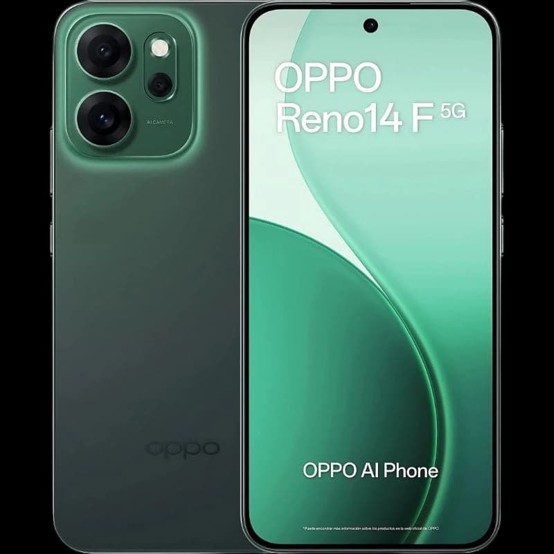 OPPO Reno14F 5G vert avec écran AMOLED 6,57 pouces, double module photo arrière proéminent, caméra frontale centrée, design élégant bicolore