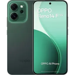 OPPO Reno14F 5G vert avec écran AMOLED 6,57 pouces, double module photo arrière proéminent, caméra frontale centrée, design élégant bicolore
