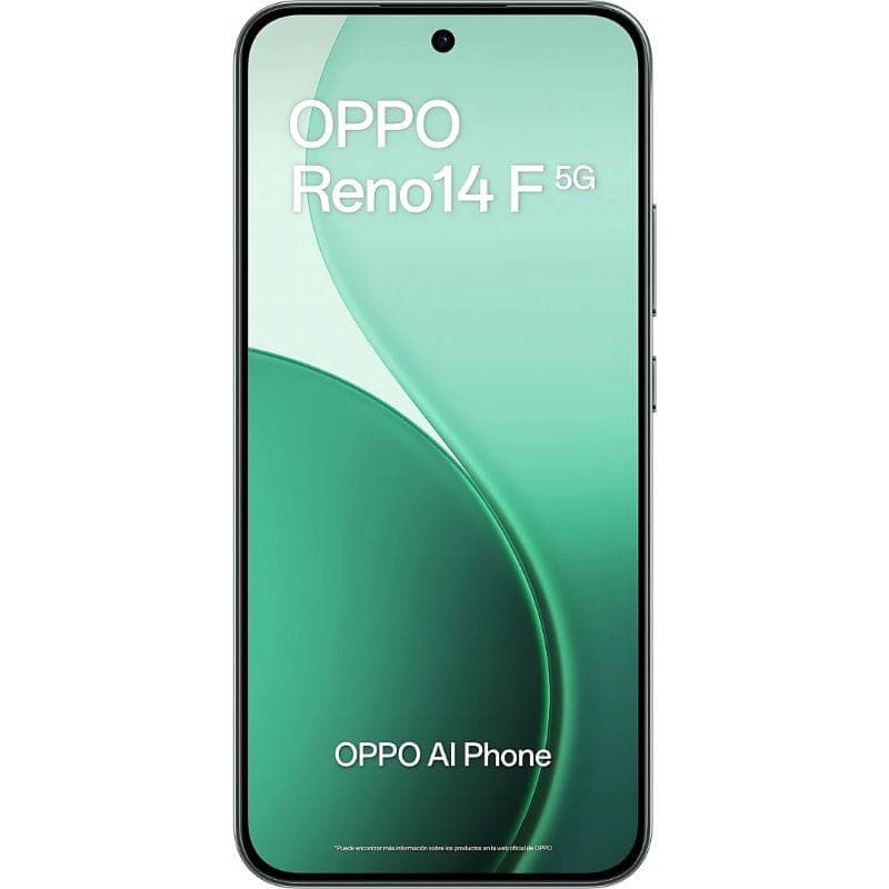OPPO Reno14F 5G vert avec écran AMOLED 6,57 pouces bord à bord, poinçon central, bords fins et design épuré, marquage OPPO AI Phone en façade