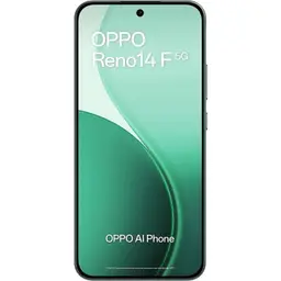 OPPO Reno14F 5G vert avec écran AMOLED 6,57 pouces bord à bord, poinçon central, bords fins et design épuré, marquage OPPO AI Phone en façade