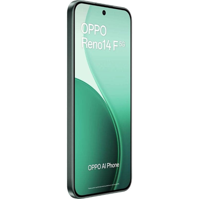 OPPO Reno14F 5G vert avec écran AMOLED 6,57 pouces bord à bord, poinçon central, bords fins et châssis vert élégant, style moderne et épuré