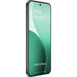 OPPO Reno14F 5G vert avec écran AMOLED 6,57 pouces bord à bord, poinçon central, bords fins et châssis vert élégant, style moderne et épuré