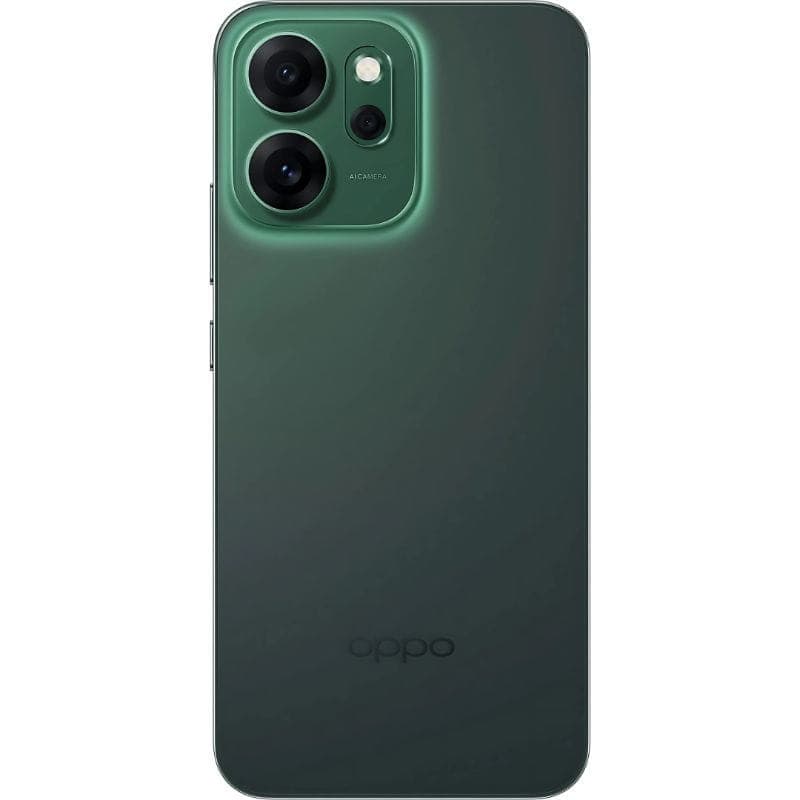 OPPO Reno14F 5G vert mat avec module photo arrière double large et flash, coins arrondis, logo discret, finition dégradée élégante