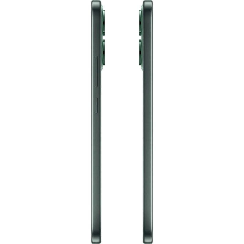 Profil latéral du OPPO Reno14F 5G vert montrant sa finesse, bords plats, bouton latéral et double module photo proéminent sur châssis métallique élégant