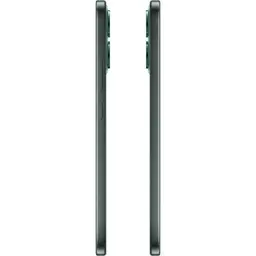 Profil latéral du OPPO Reno14F 5G vert montrant sa finesse, bords plats, bouton latéral et double module photo proéminent sur châssis métallique élégant