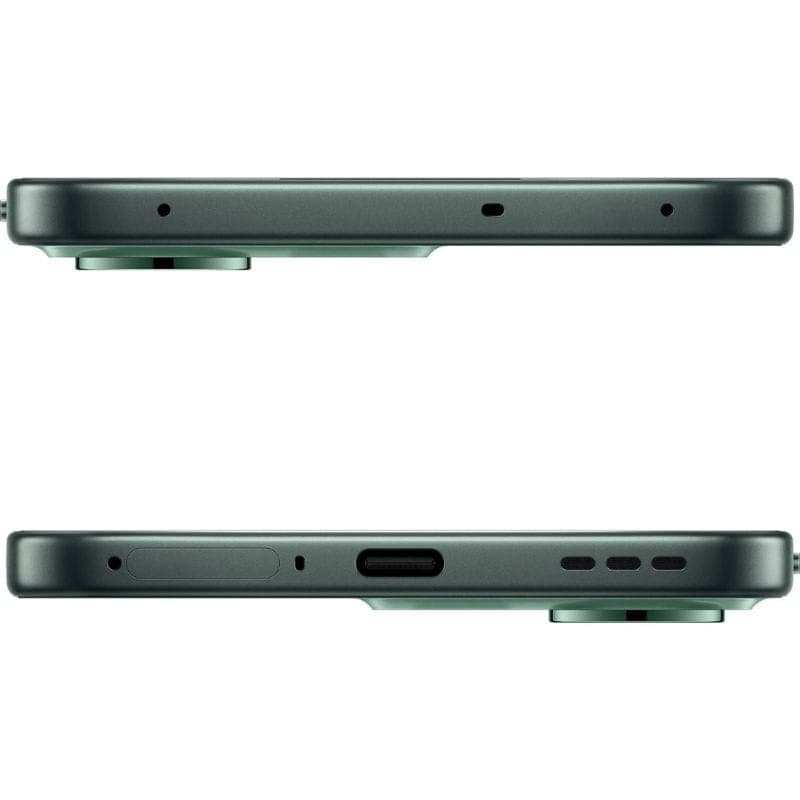 Tranches vertes du OPPO Reno14F 5G avec module caméra proéminent, USB‑C, grilles de haut‑parleur et tiroir SIM, profil fin et finitions soignées