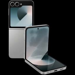 Samsung Galaxy Z Flip6 5G gris reconditionné bon état, format pliable, double écran bord à bord, deux caméras arrière et caméra frontale perforée
