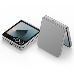 Samsung Galaxy Z Flip6 5G gris reconditionné bon état, format pliable compact, double écran brillant, charnière argentée, double capteur photo arrière