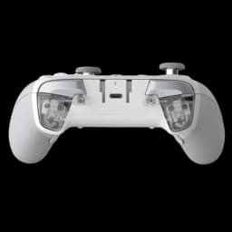 Mando GameSir G7 Pro Blanco visto por detrás, gatillos y bumpers transparentes, USB-C central, agarres texturizados grises y sticks analógicos simétricos