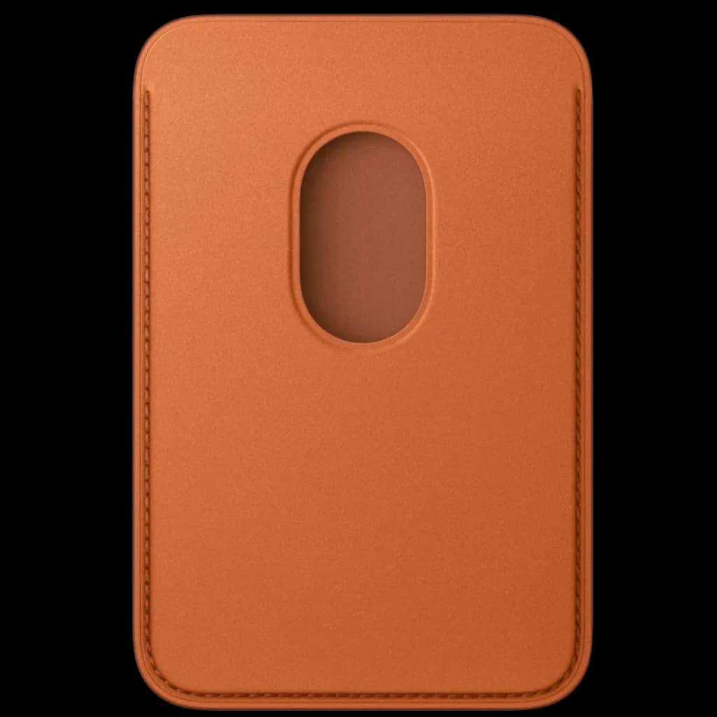 Apple Portefeuille fin tressé avec MagSafe pour iPhone Orange renard, étui carte minimaliste en cuir orange, découpe ovale centrale, bords surpiqués