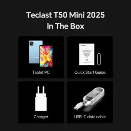 Teclast T50 Mini 8,7 8Go/128Go WiFi + 4G avec écran lumineux, dos bleu, triple capteur photo, guide rapide, chargeur et câble USB-C inclus