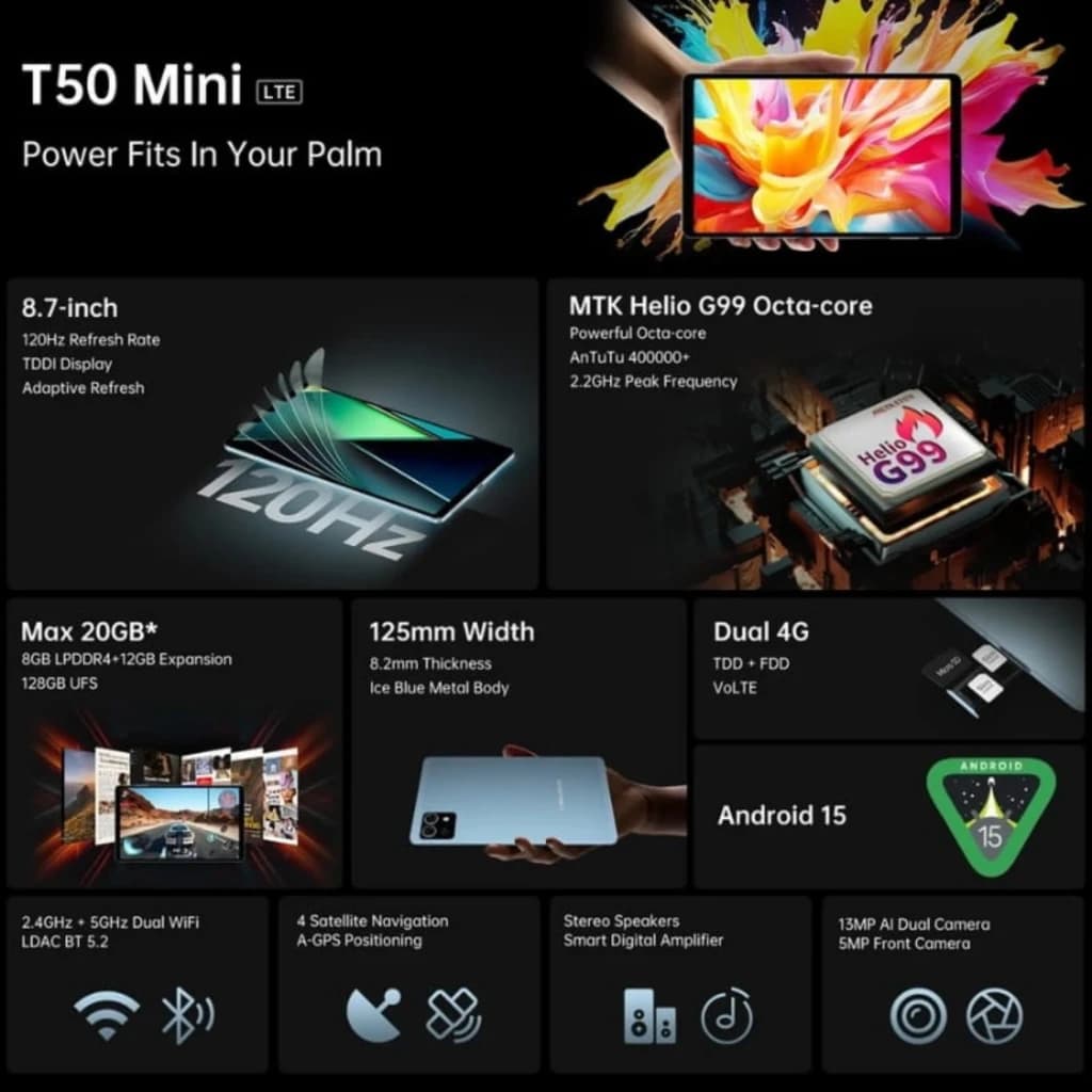 Teclast T50 Mini 8,7 8Go/128Go WiFi + 4G, écran 8,7 pouces 120 Hz, design fin 125 mm, Android 15, double 4G, triple capteur photo avec module carré arrière