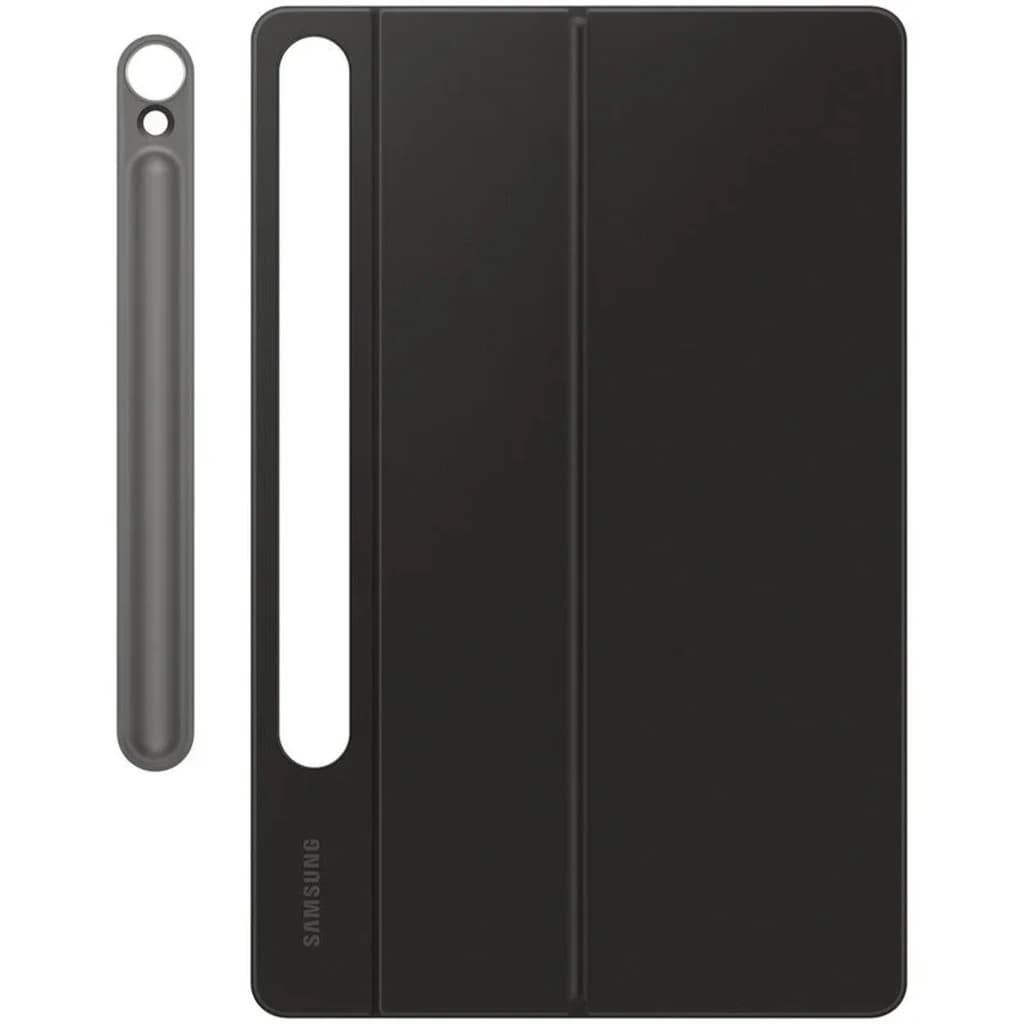 Capa preta para Galaxy Tab S10 Lite com ranhura lateral para S Pen e acabamento dobrável; acompanha estojo cinza para caneta, design fino e elegante