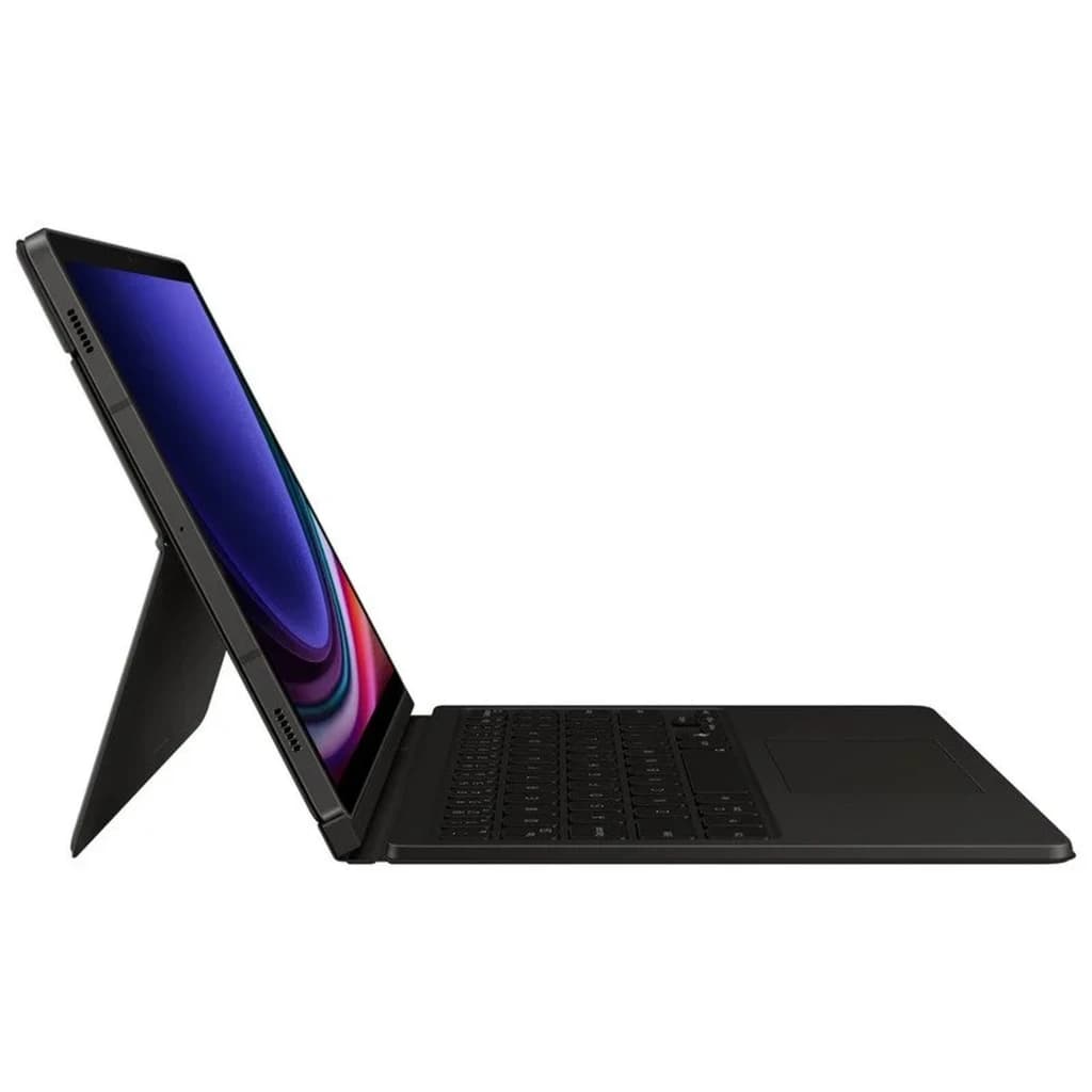 Capa com teclado e touchpad para Galaxy Tab S10 Lite preta, perfil lateral. Teclas retroiluminadas, touchpad amplo e suporte traseiro ajustável.