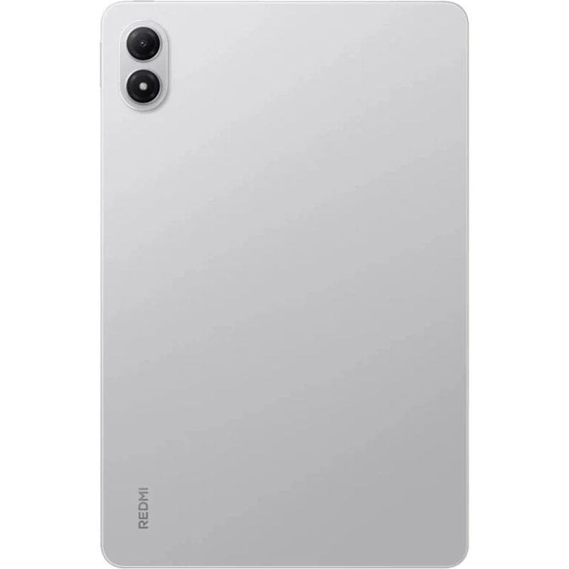 Xiaomi Redmi Pad 2 Pro prateado, traseira metálica 12.1", módulo duplo de câmeras no canto, bordas retas e acabamento minimalista elegante.