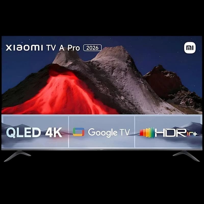 Xiaomi 50 A PRO 2026 4K UHD QLED Google TV HDR com tela fina, molduras estreitas e suporte duplo; cores vivas, alto contraste e detalhes nítidos