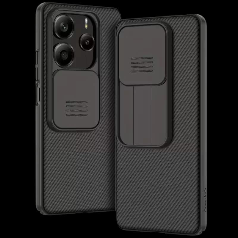 Funda CamShield Pro Noire pour Xiaomi Redmi Note 14 5G, coque texturée carbone, cache objectif coulissant et support pliable intégré pour protection