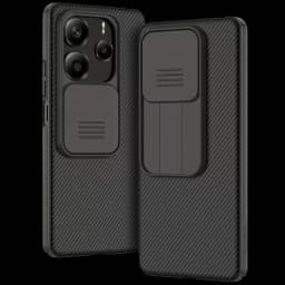 Funda CamShield Pro Noire pour Xiaomi Redmi Note 14 5G, coque texturée carbone, cache objectif coulissant et support pliable intégré pour protection
