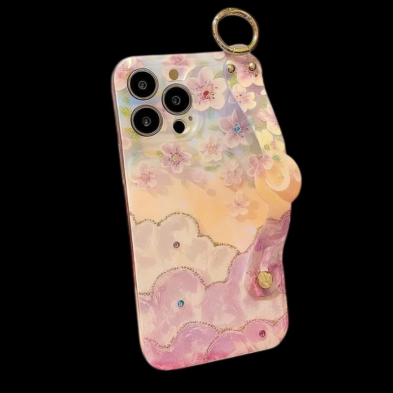 Funda Aurora Floral y Mariposas con pulsera para iPhone 16 en tonos pastel, flores en relieve, mariposas sutiles, brillo nacarado y detalles con pedrería