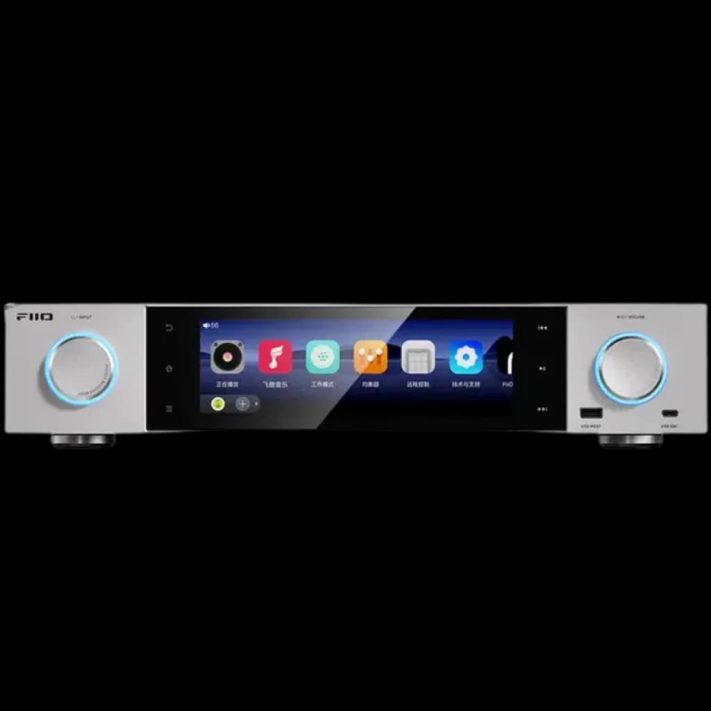 FiiO S15 Lecteur audio Hi‑Res argent avec grand écran couleur central, deux molettes rétroéclairées bleues et façade aluminium élégante