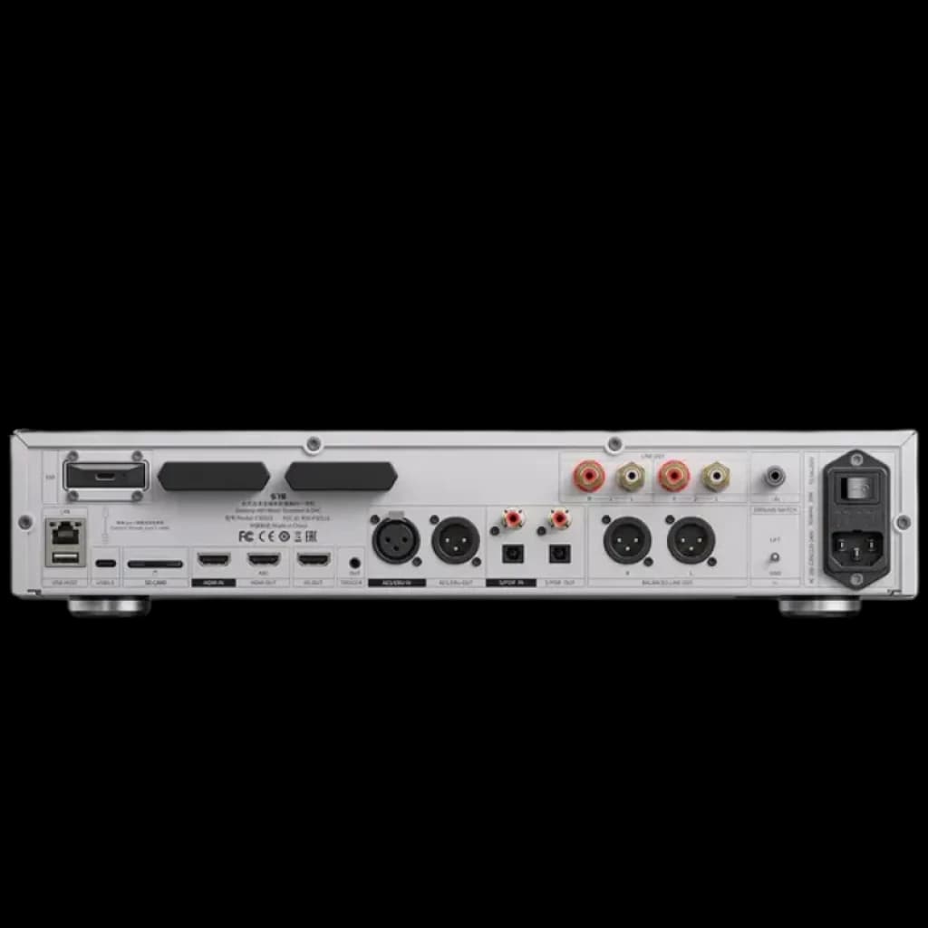 FiiO S15 Argent vu de dos avec multiples entrées sorties: USB, optique, coaxial, HDMI I2S, XLR symétriques, RCA, trigger, antennes et prise secteur