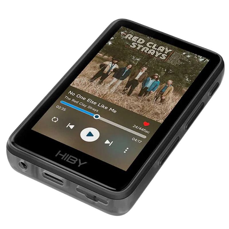 HiBy R1 Noir Lecteur Hi Res compact noir avec écran couleur, boutons latéraux, port USB C et sortie casque; interface musique avec jaquette affichée