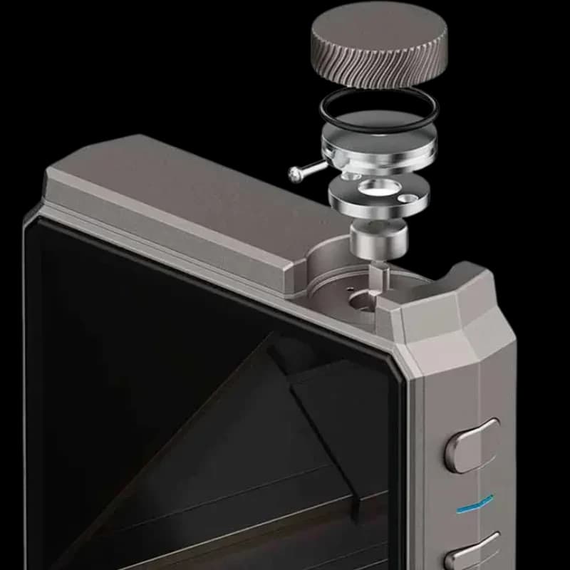 Hiby RS8 en métal avec écran noir, bouton moleté détachable et module interne exposé, finitions premium et bords angulaires élégants