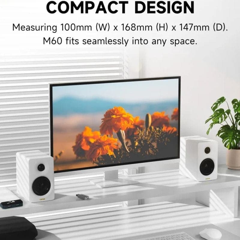 Edifier M60 Haut-parleurs actifs Noir, design compact blanc, boîtiers rectangulaires avec woofer et tweeter, adaptés pour bureau autour dun écran