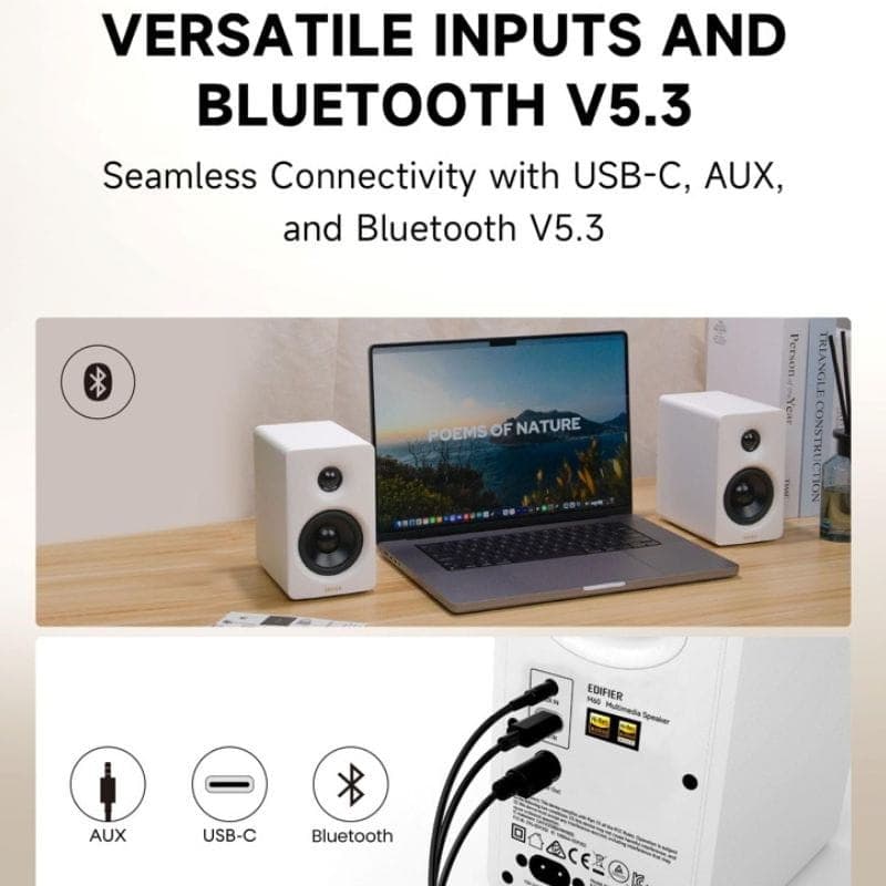 Edifier M60 Haut-parleurs actifs Noir, paire compacte avec boîtiers noirs, grilles fines, commandes arrière et connectivité USB-C, AUX et Bluetooth 5.3