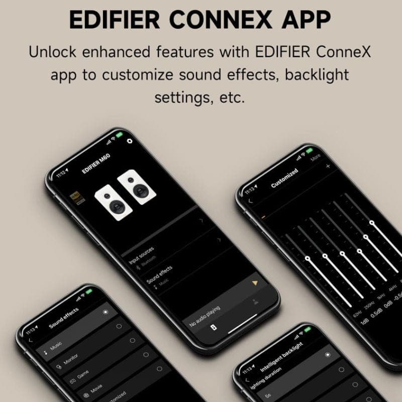 Edifier M60 Haut-parleurs actifs Noir visibles dans l’app Edifier ConneX: égaliseur détaillé, réglages d’effets sonores, contrôle du rétroéclairage