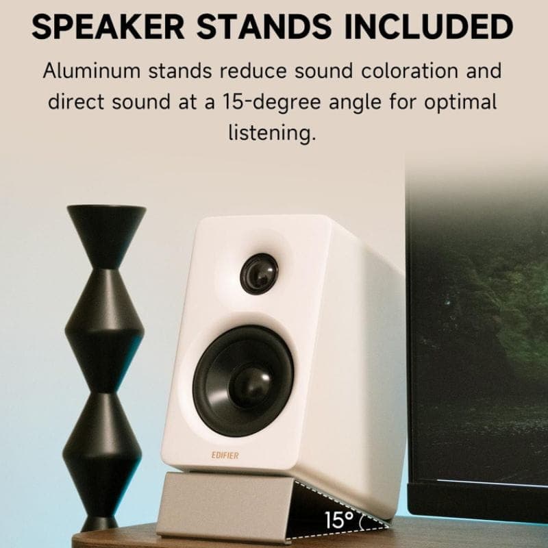 Edifier M60 Haut-parleurs actifs Noir avec supports en aluminium inclus, orientation 15°, boîtier compact, tweeter et woofer visibles pour écoute précise.