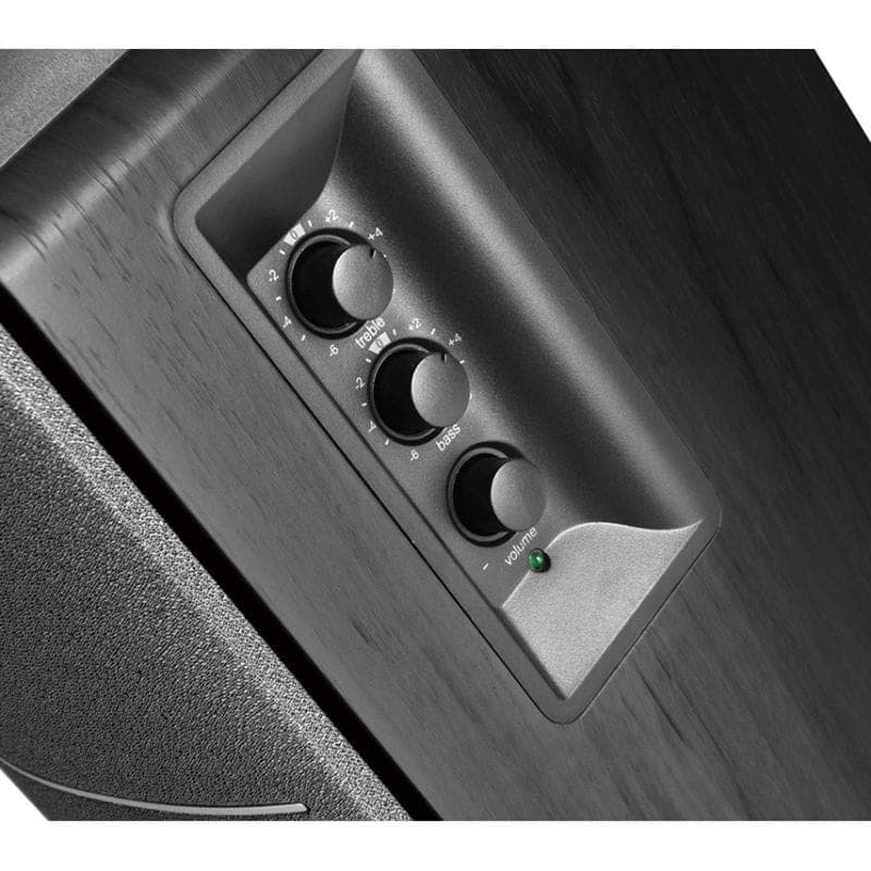 Edifier R1280T Altavoces Activos 2.0 Negro con panel lateral en madera oscura, perillas de volumen, graves y agudos, e indicador LED verde