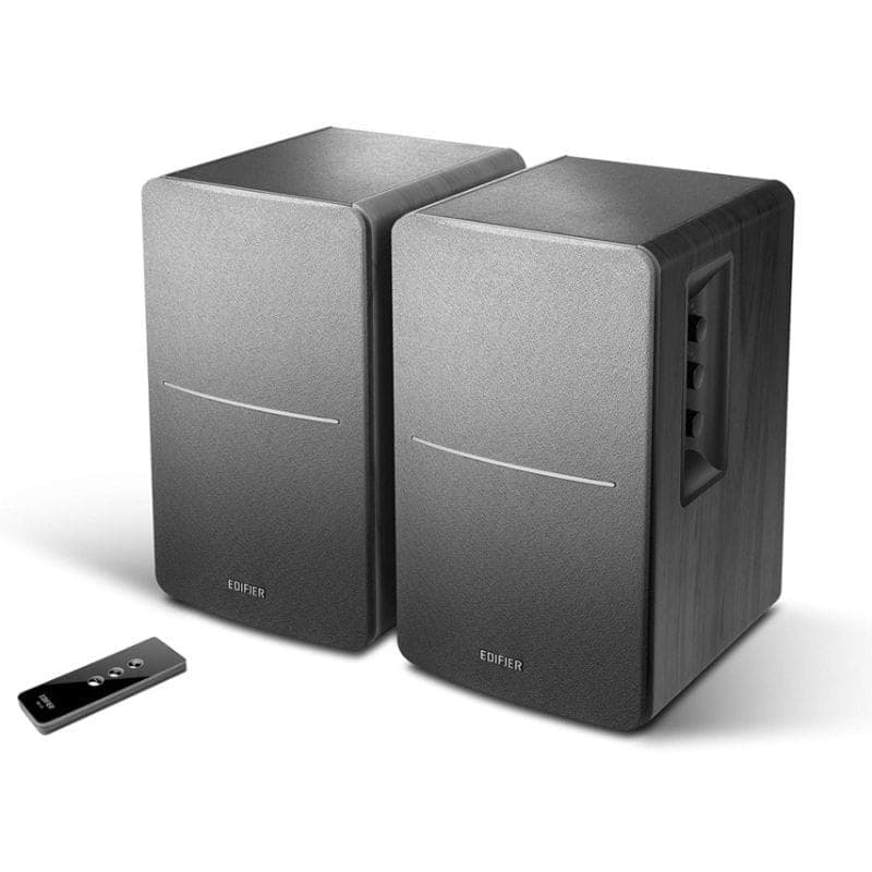 Edifier R1280T Altavoces Activos 2.0 Negro con dos cajas compactas mate, línea plateada frontal, cables RCA y de altavoz, control remoto y manual incluidos