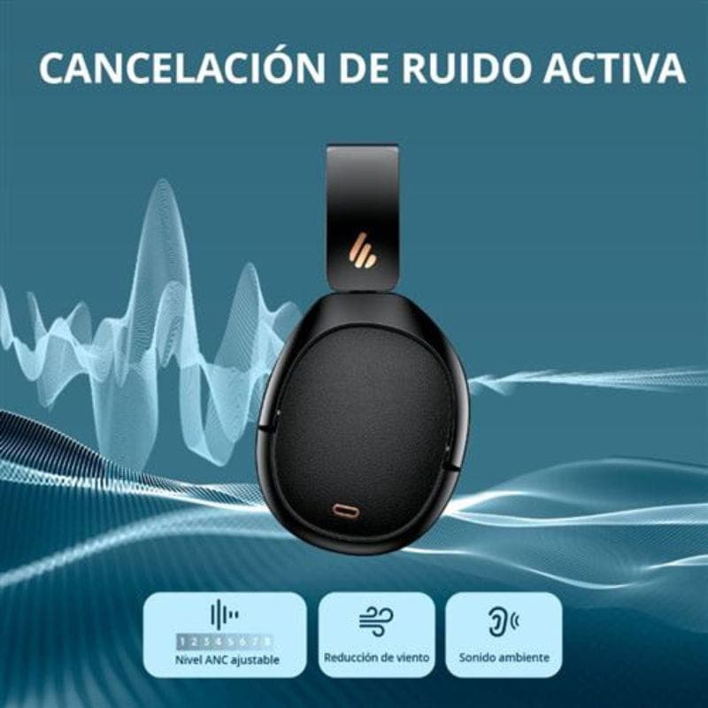 Casque Edifier WH950NB 2025 noir, arceau rembourré, oreillettes ovales mat, finitions cuivrées, design pliable élégant, port USB-C visible