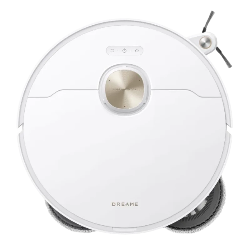 Base de carga blanca con depósito beige y robot Dreame L40s Pro Ultra; diseño minimalista, módulo láser frontal y dock alto para vaciado y mantenimiento - Ítem2