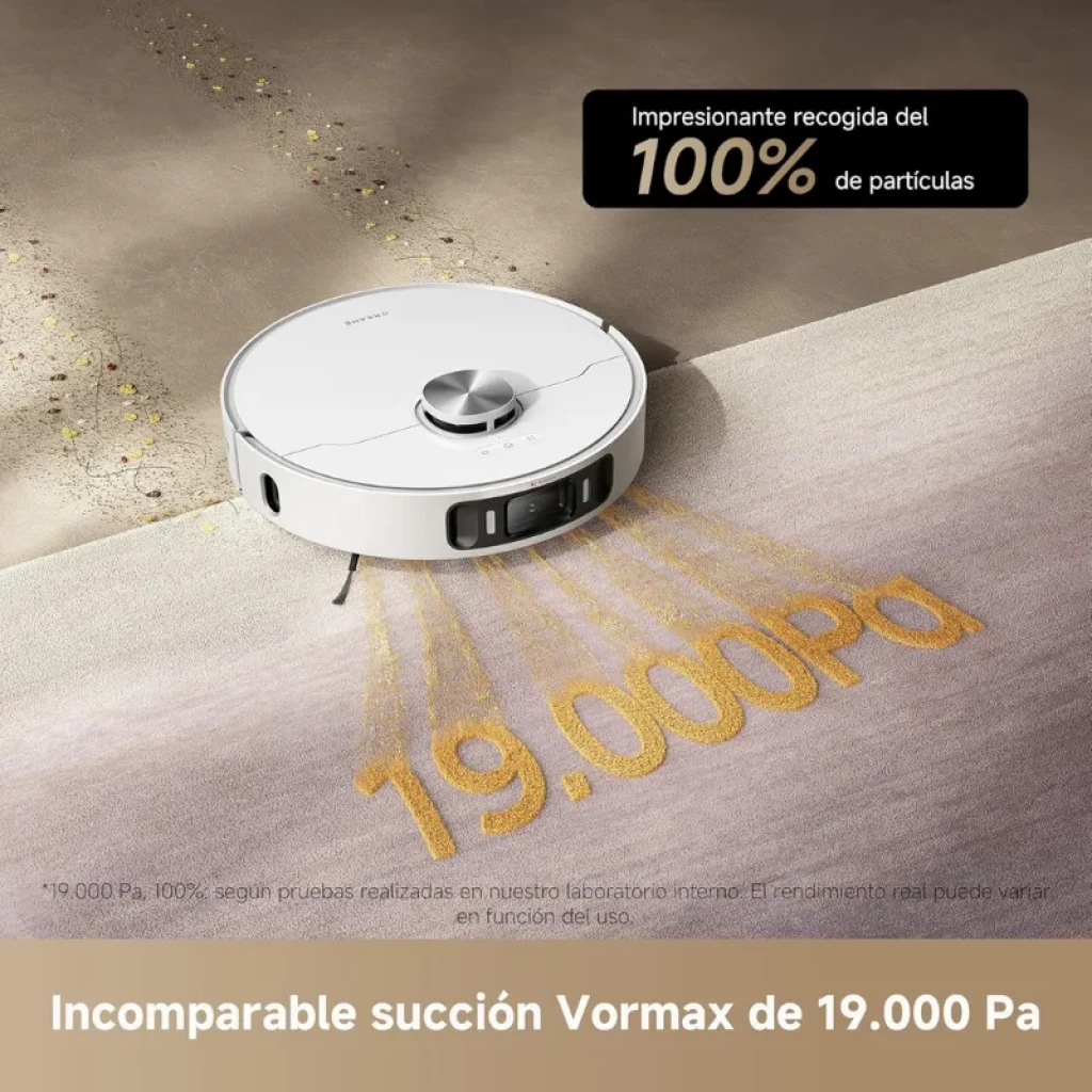 Base de carga blanca con depósito beige y robot Dreame L40s Pro Ultra; diseño minimalista, módulo láser frontal y dock alto para vaciado y mantenimiento - Ítem3