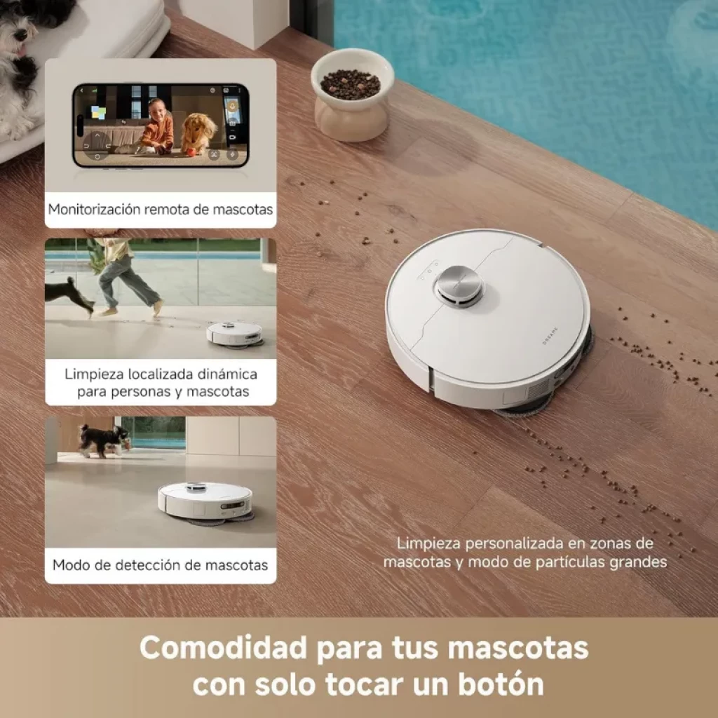 Base de carga blanca con depósito beige y robot Dreame L40s Pro Ultra; diseño minimalista, módulo láser frontal y dock alto para vaciado y mantenimiento - Ítem6