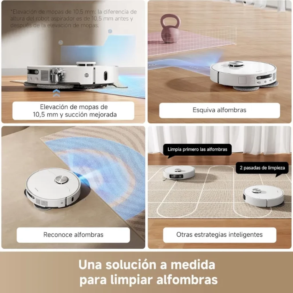 Base de carga blanca con depósito beige y robot Dreame L40s Pro Ultra; diseño minimalista, módulo láser frontal y dock alto para vaciado y mantenimiento - Ítem7
